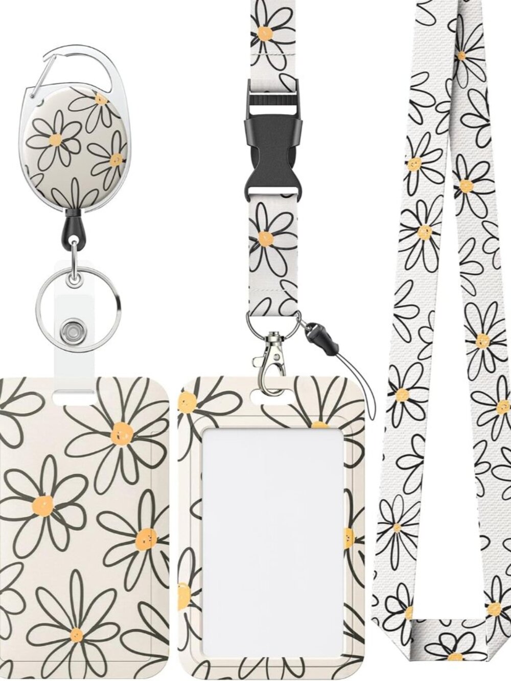 Floral Sliding Badge Holder White Flower Plastic Case with Retractable Badge Ree